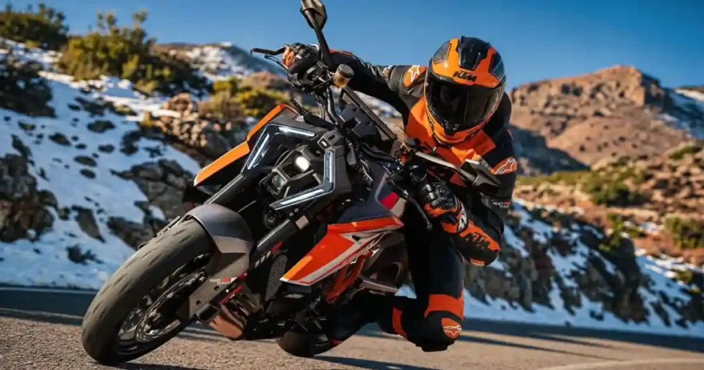 KTM 1390 Super Duke RR riding shot aggressive stance performance naked motorcycle track focused