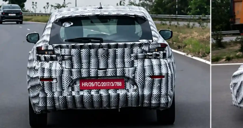 2026 Maruti Suzuki Baleno facelift spotted rear view showing updated tail design and camouflaged styling