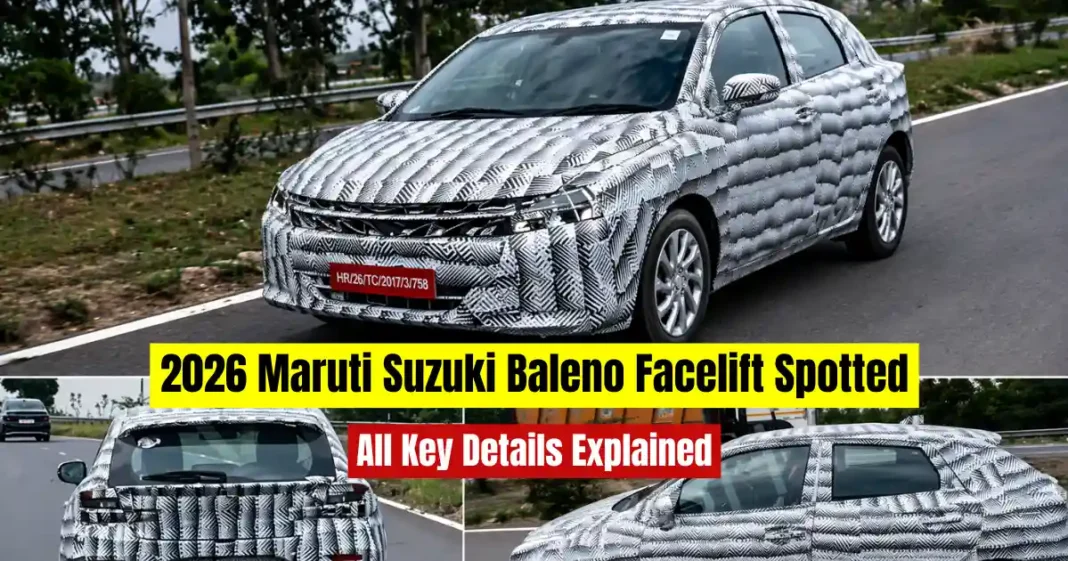 2026 Maruti Suzuki Baleno facelift spotted front view with camouflage during road testing in India