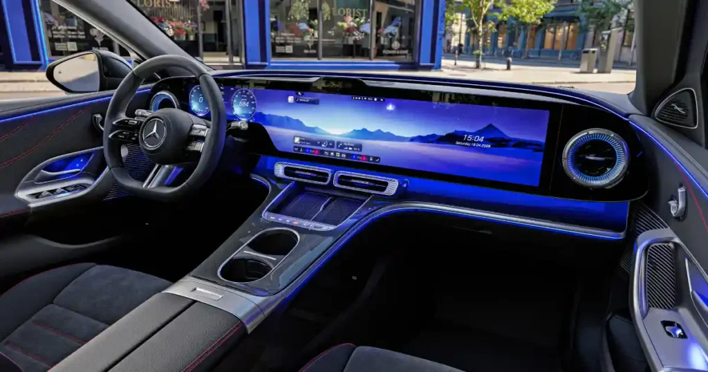 Mercedes C-Class EV dashboard with 39.1-inch Hyperscreen and blue ambient lighting