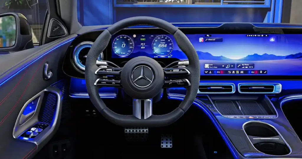 Mercedes-Benz C-Class EV digital instrument cluster and steering wheel interior view