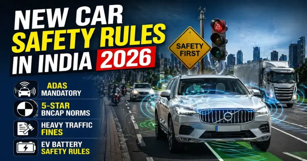 New Car Safety Rules in India 2026 featuring ADAS, BNCAP norms, traffic penalties and EV safety regulations visual overview