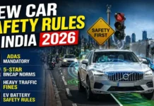 New Car Safety Rules in India 2026: ADAS Mandatory, 5-Star Norms & Strict Traffic Laws Explained New Car Safety Rules in India 2026 featuring ADAS, BNCAP norms, traffic penalties and EV safety regulations visual overview