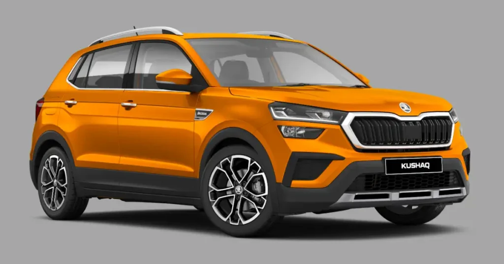 Skoda Kushaq 2025 orange SUV front three quarter view with April 2026 discount offer