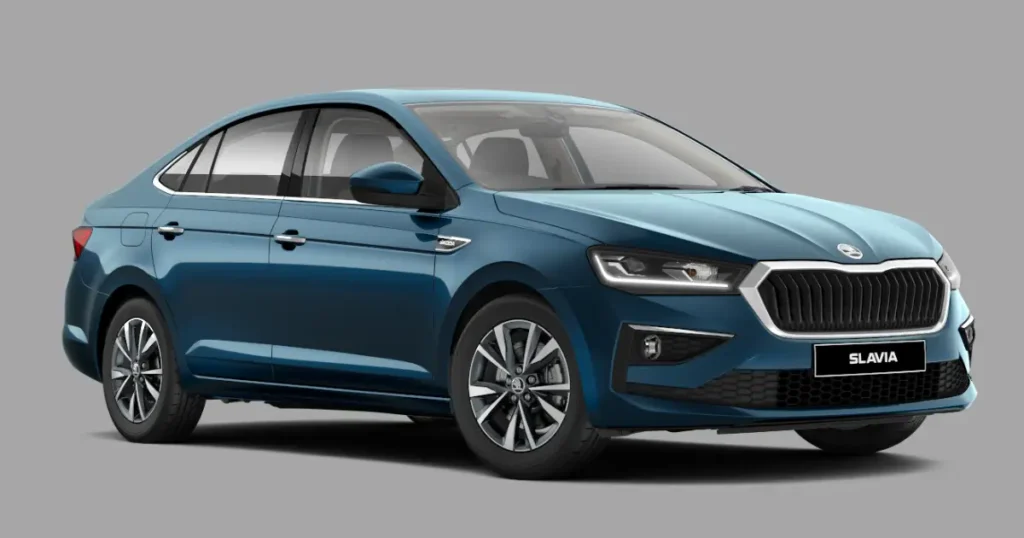 Skoda Slavia blue sedan side profile with April 2026 offers and benefits in India