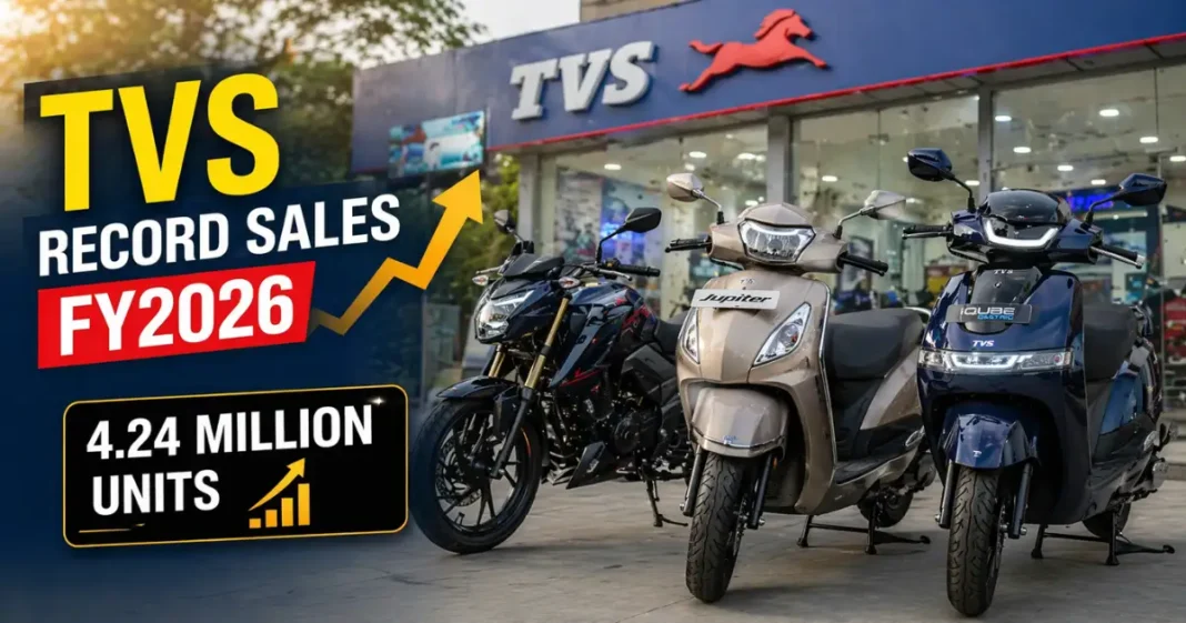 TVS Record Sales FY2026 showcasing scooters, motorcycles and EV lineup with 4.24 million units milestone