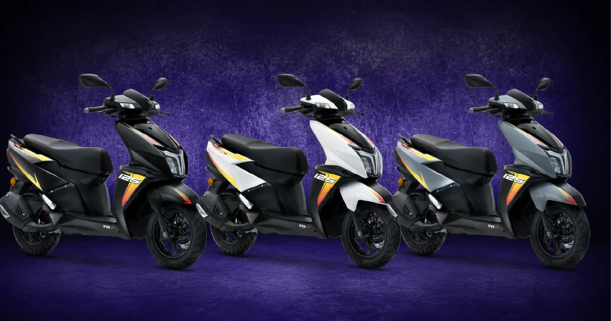 Official lineup of the new 2026 TVS NTorq 125 Disc variant showcasing Midnight Black Spiti White and Nardo Grey colors.