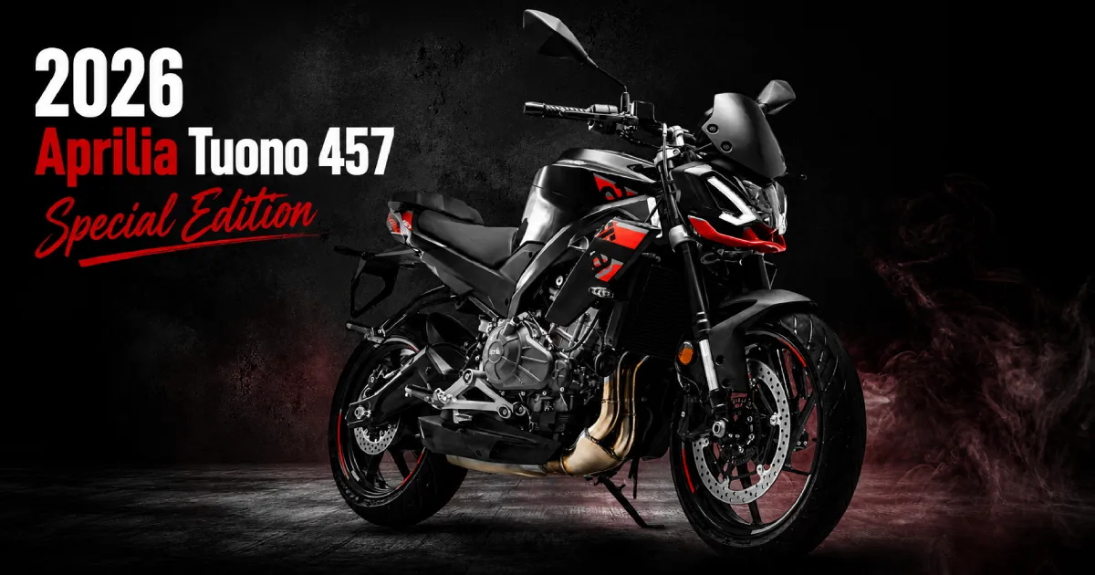 Official launch banner of the 2026 Aprilia Tuono 457 Special Edition featuring aggressive front look and special typography.