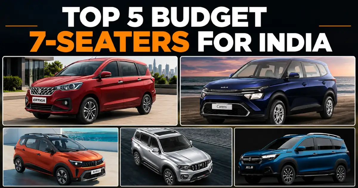 Official collage featured image showcasing the Best 7 Seater Car for Middle Class Family options including Ertiga, Carens, Triber, Scorpio N, and XL6.