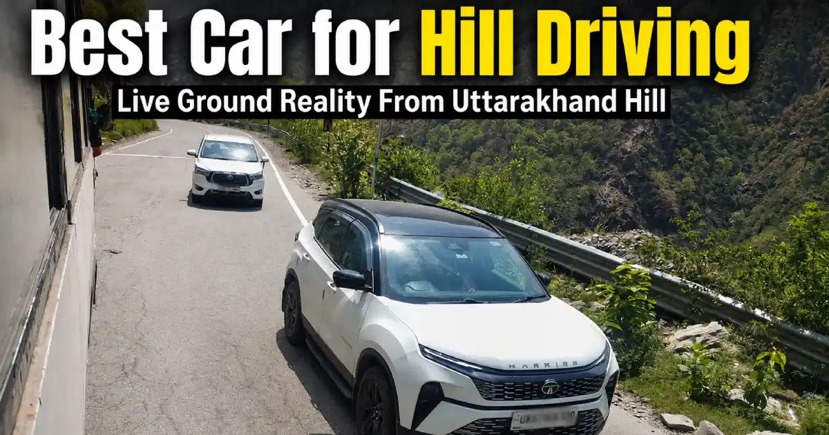 Tata Harrier and Toyota Innova driving on steep mountain slopes for Best Car for Hill Driving real world test in Uttarakhand.