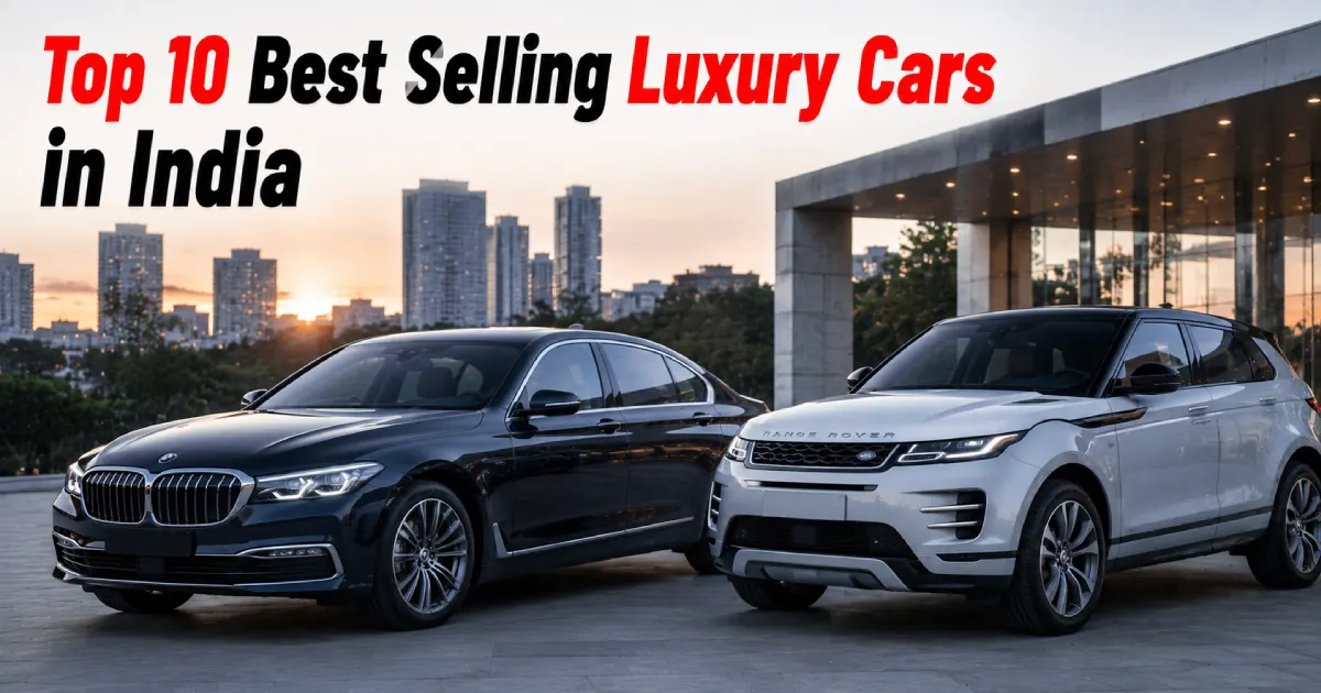 A premium fleet arrangement showcasing the best selling luxury cars in India from BMW and Land Rover parked outside an elite corporate pavilion