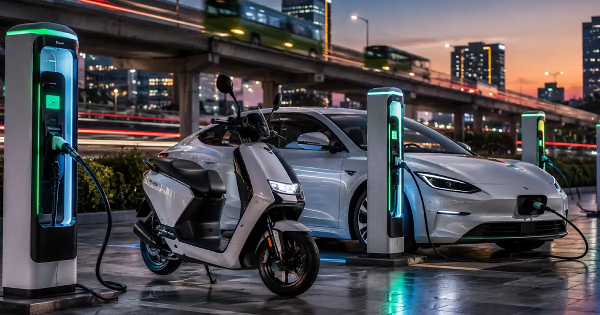 Futuristic public charging station setup displaying electric vehicles under the Delhi EV Policy 2026 infrastructure plan