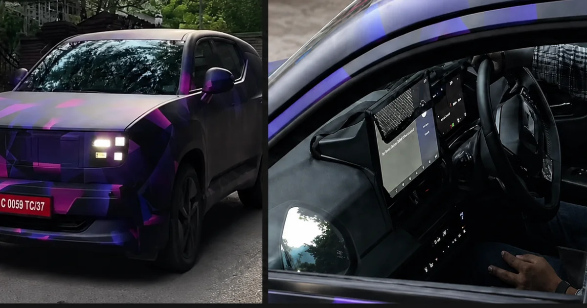 Leaked collage of Honda 0 Alpha EV SUV showcasing exterior camouflaged body and interior dashboard layout with 14 inch screen.