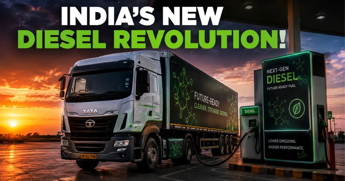 Futuristic green energy fuel station banner representing Isobutanol-Diesel Blending trials with a Tata commercial truck at sunset.