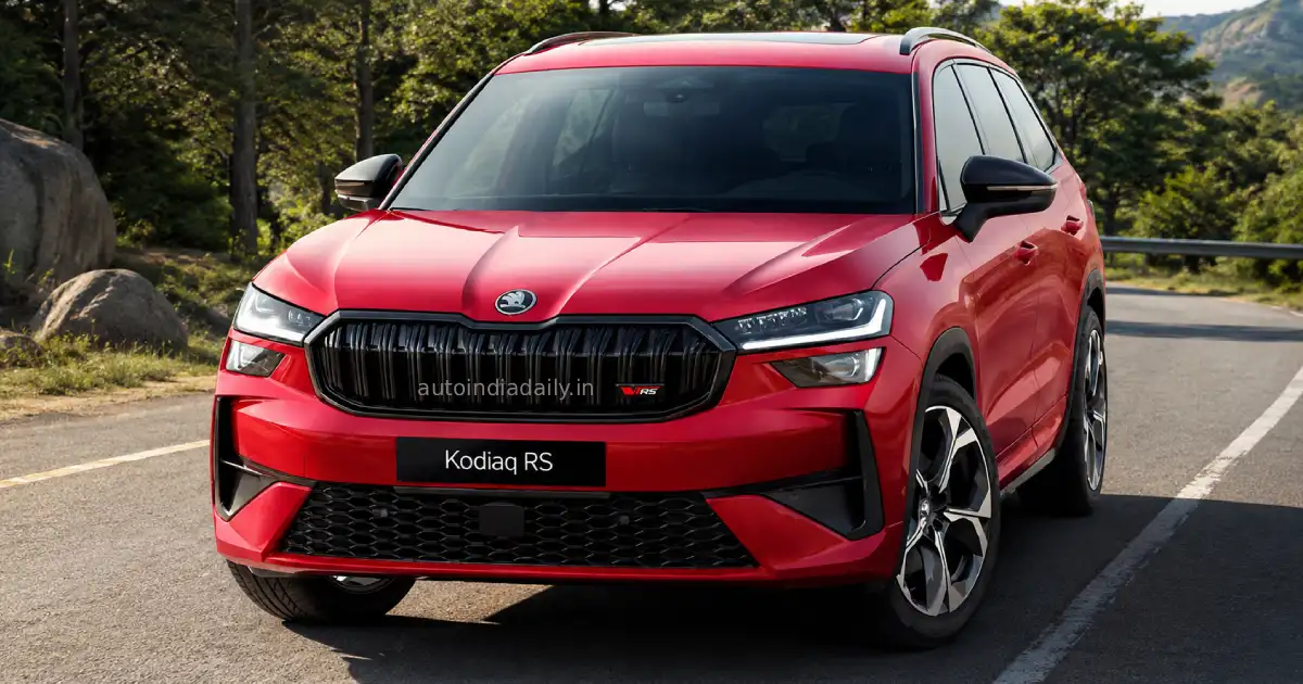 Front view profile of red Skoda Kodiaq RS performance SUV with black grille for India launch bookings article.