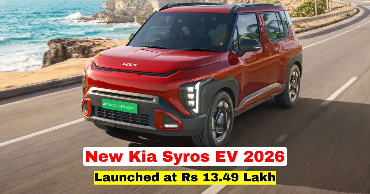 2026 Kia Syros EV launched in India featuring the new electric SUV design, LED lighting, alloy wheels and premium exterior styling.