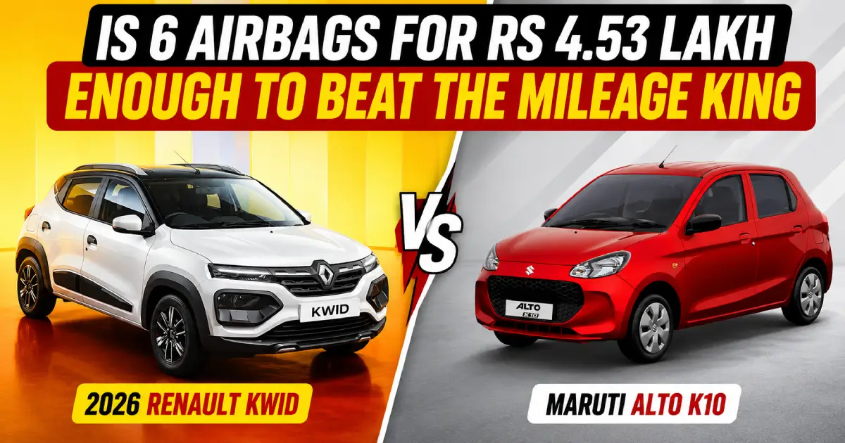 An official comparison banner showcasing a white 2026 Renault Kwid and a red Maruti Alto K10 below text blocks highlighting the 2026 Renault Kwid vs Maruti Alto K10 data