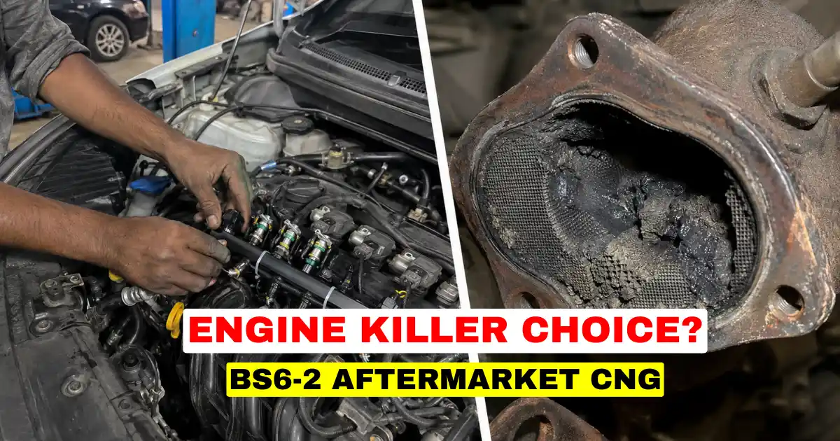 A workshop photograph explaining why installing an aftermarket cng kit in bs6 phase 2 cars acts as an engine killer choice due to catalytic converter damage