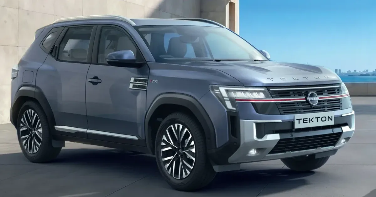 An official front three quarter profile showcasing the moonbow gray color variant under the All-New Nissan Tekton launch entry