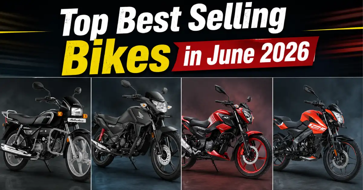 A four grid launch banner displaying the Splendor Plus, Unicorn, Raider, and Pulsar under the best selling bikes in june 2026 data manual
