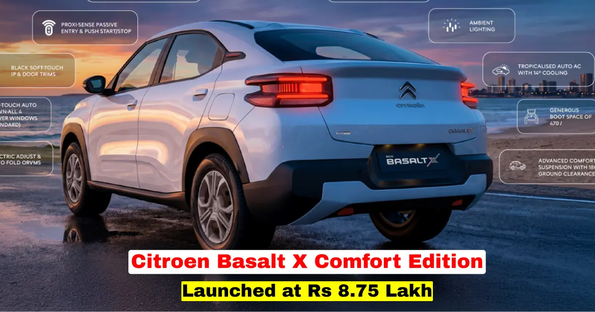 The stylish coupe design and rear profile styling of the newly launched Citroen Basalt X Comfort Edition