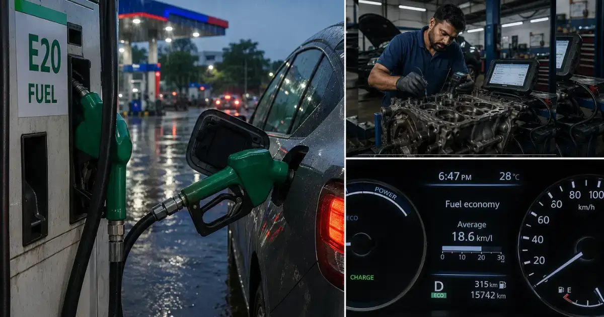 An official fuel station collage showing an E20 dispensing nozzle alongside an engine block inspection under the E20 Petrol Engine Damage Claims documentation