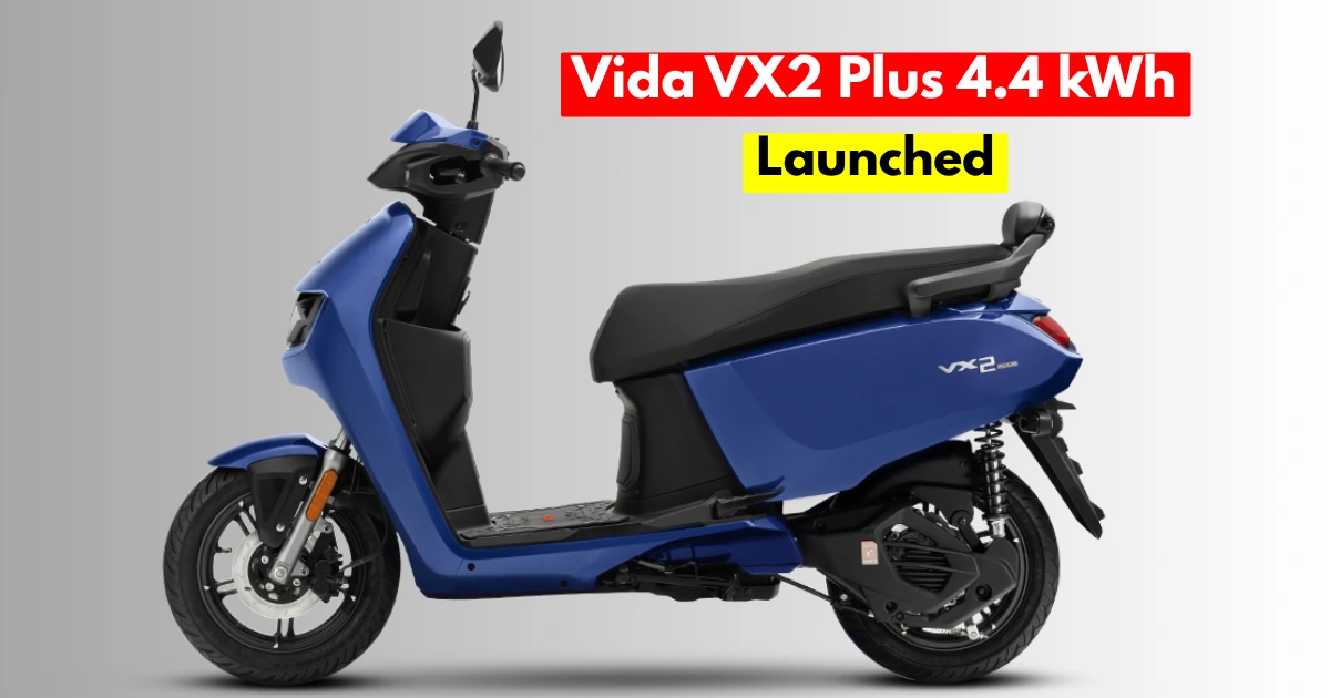 An official launch banner displaying the blue electric scooter profile under the Hero Vida VX2 Plus 4.4 kWh Launched editorial manual