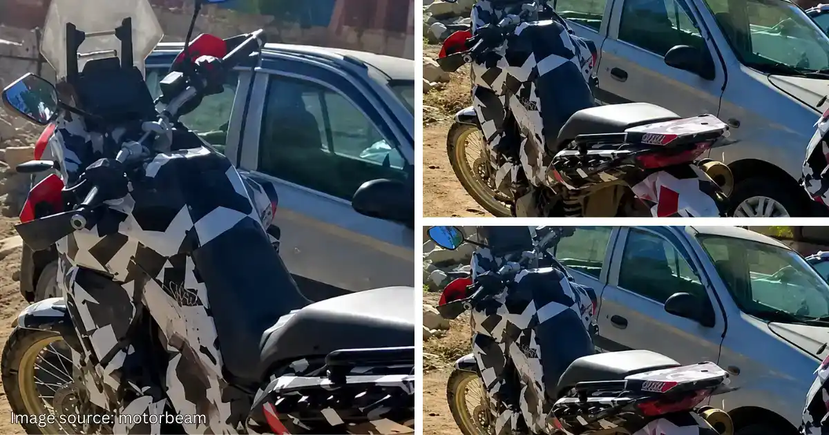 A composite spy shot collage showing a heavily camouflaged adventure motorcycle during mountain testing under the Hero Xpulse 421 India Launch roadmap