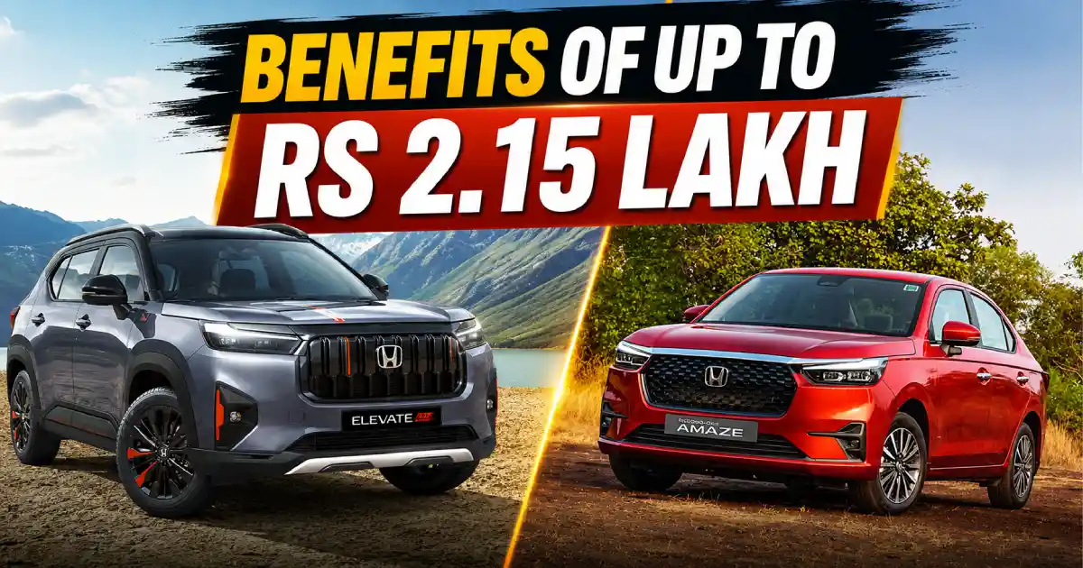 An official brand banner showcasing a grey Elevate SUV and a red Amaze sedan below text panels highlighting the Honda July 2026 Offers milestone
