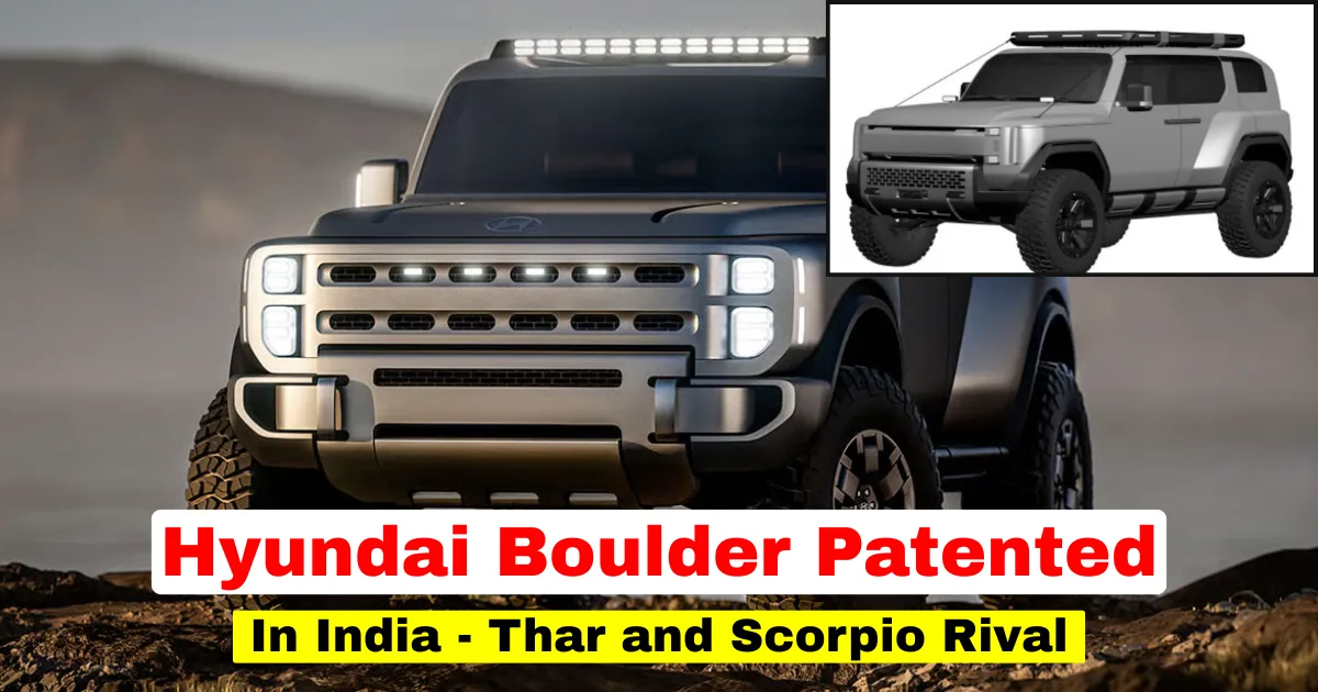 The production ready model design layout of Hyundai Boulder patented in India showing off road tyres and rugged body styling