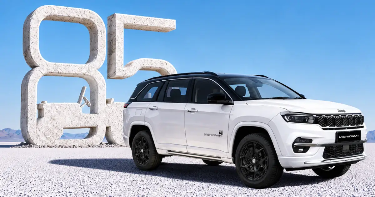 Jeep Meridian 85th Anniversary Edition SUV in Pearl White with gloss black alloy wheels and 4x4 capability showcased during its India launch