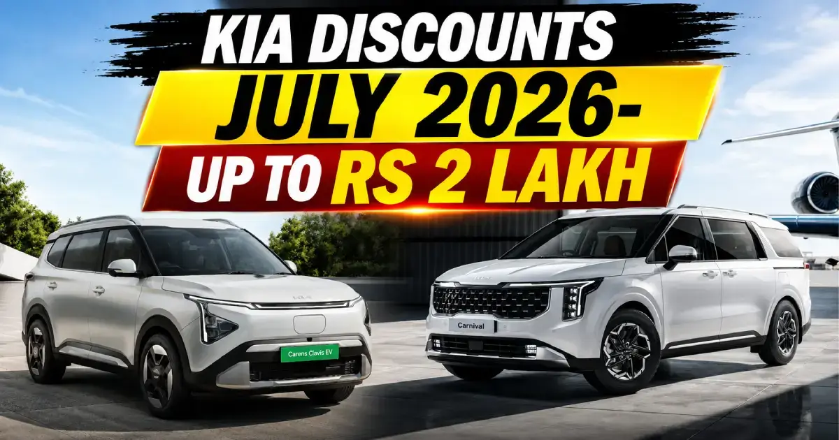 An official brand banner showcasing a white Clavis EV and a new Carnival luxury MPV below text panels highlighting the Kia Discounts July 2026 milestone