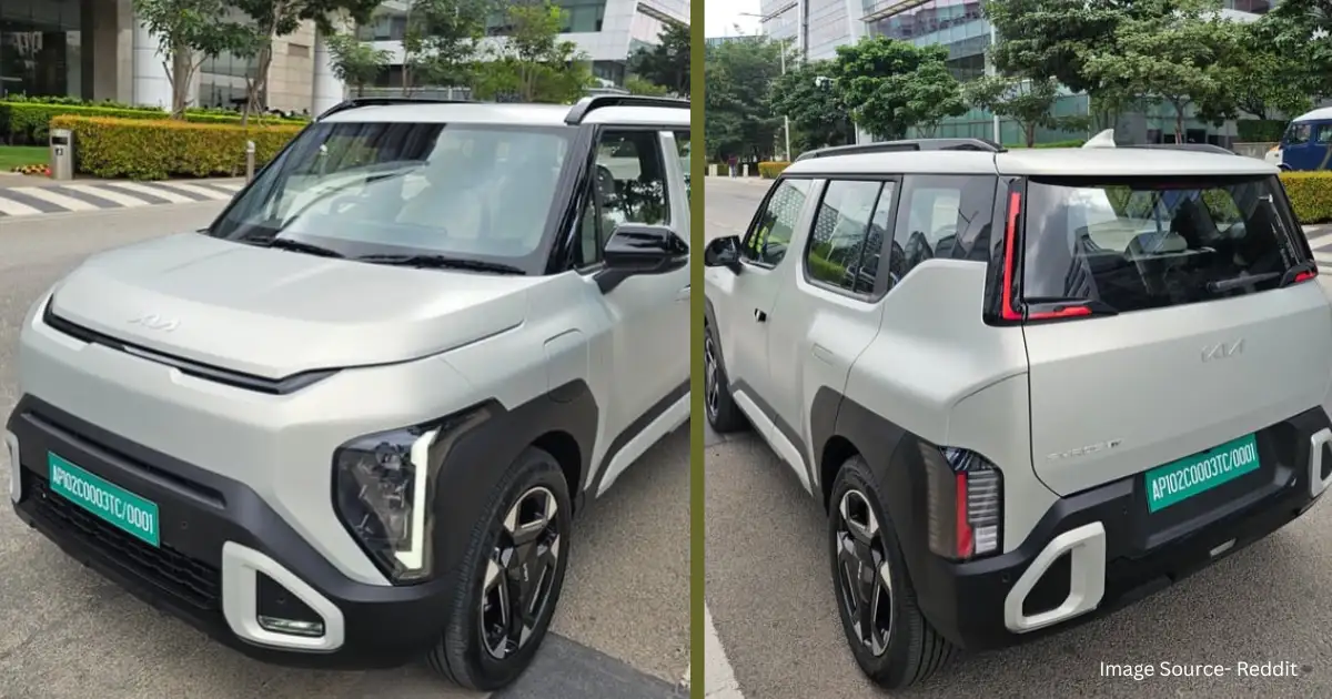A split spy image showcasing the boxy front and rear profile under the Kia Syros EV Spotted undisguised report