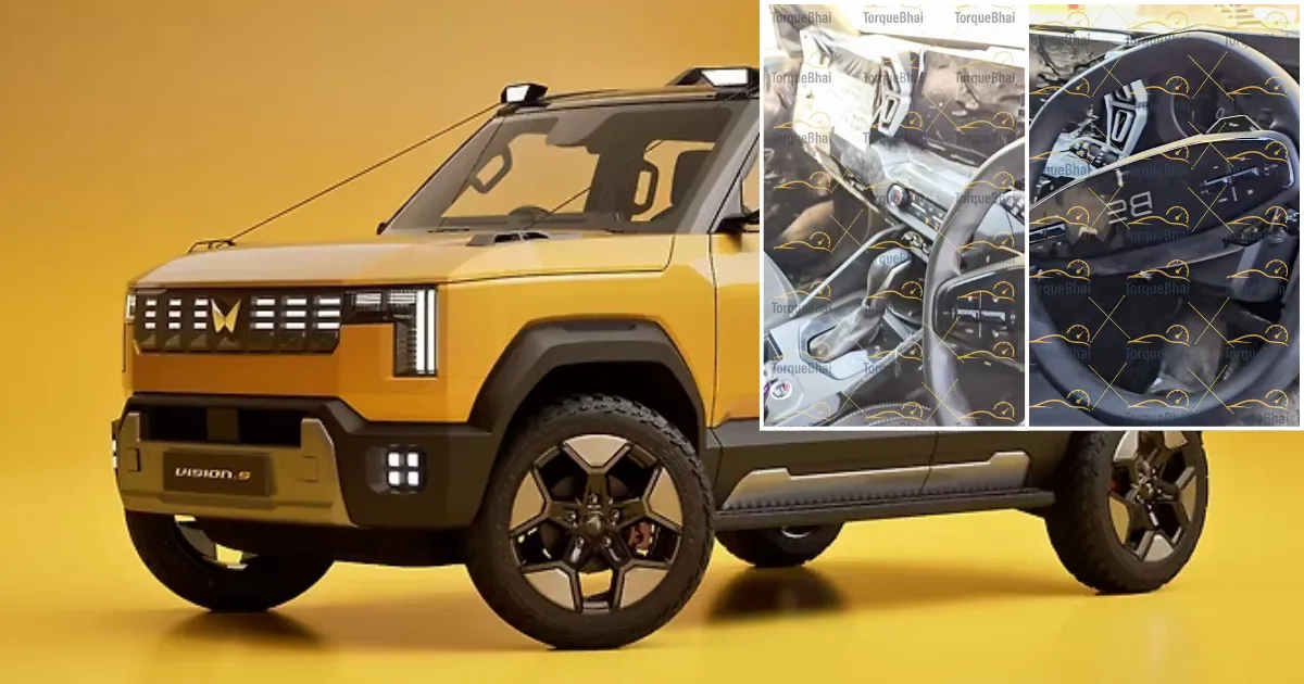 An official launch banner displaying the yellow Vision S concept model alongside spied dashboard segments under the Mahindra Vision S Interiors Spied roadmap
