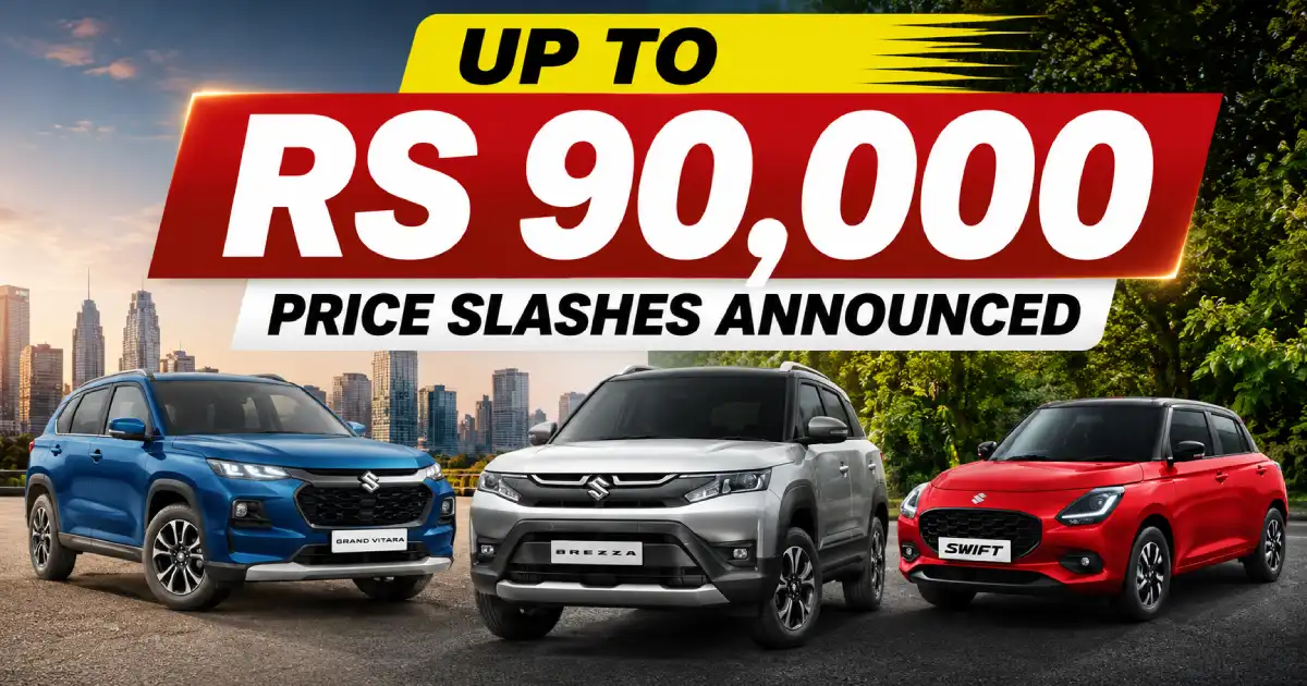 An official launch banner displaying a blue Grand Vitara, a silver Brezza, and a red Swift below text panels highlighting the Maruti Suzuki Discounts July 2026 milestone
