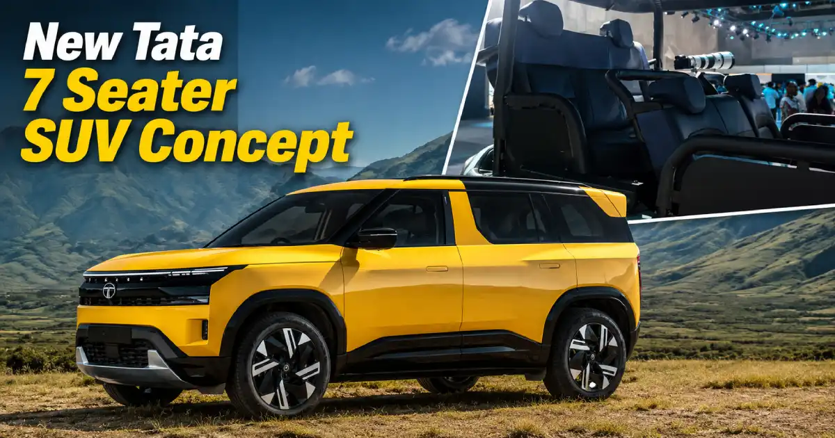 An official launch banner displaying the yellow Sierra EV alongside its open top safari cabin seats layout under the new tata 7 seater suv roadmap