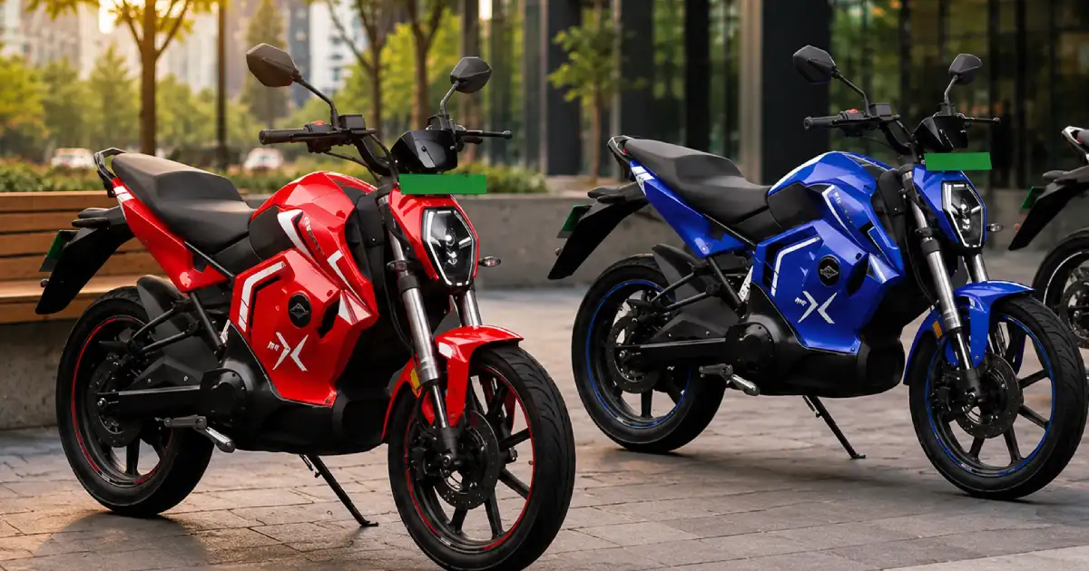 The red and blue color variants of the newly launched electric motorcycle parked side by side indicating the Revolt RVX Launched milestone