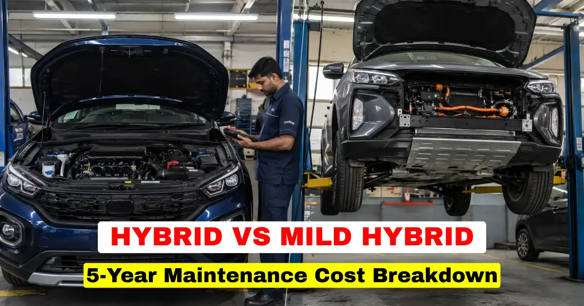 A professional workshop comparison displaying the 5-year maintenance cost breakdown of Strong Hybrid vs Mild Hybrid Cars