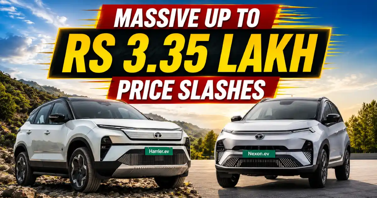 An official promotional banner showcasing a white Harrier EV and a Nexon EV variant model below the text panels highlighting the Tata EV Discounts July 2026 milestone