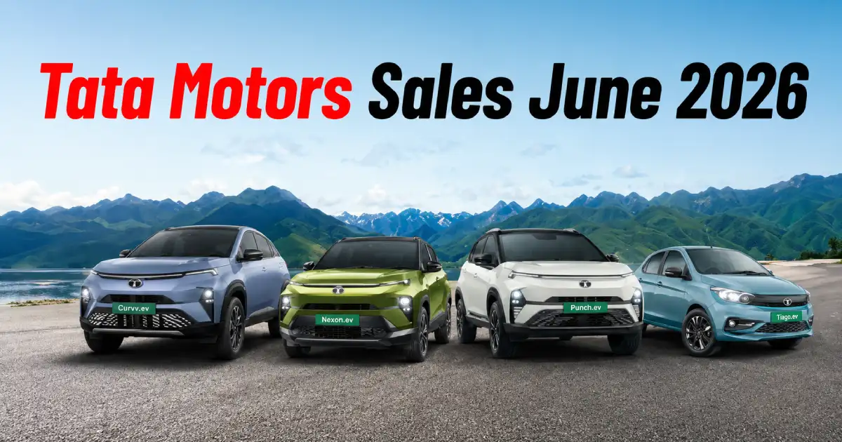 A premium automotive banner lineup featuring the text Tata Motors Sales June 2026 above four electric cars highlighting the tata ev sales record june 2026 milestone
