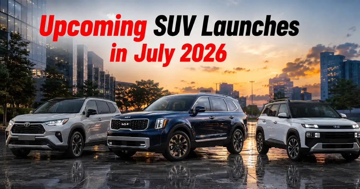A premium automotive banner lineup featuring the text upcoming SUV launches in July 2026 above three modern utility vehicles