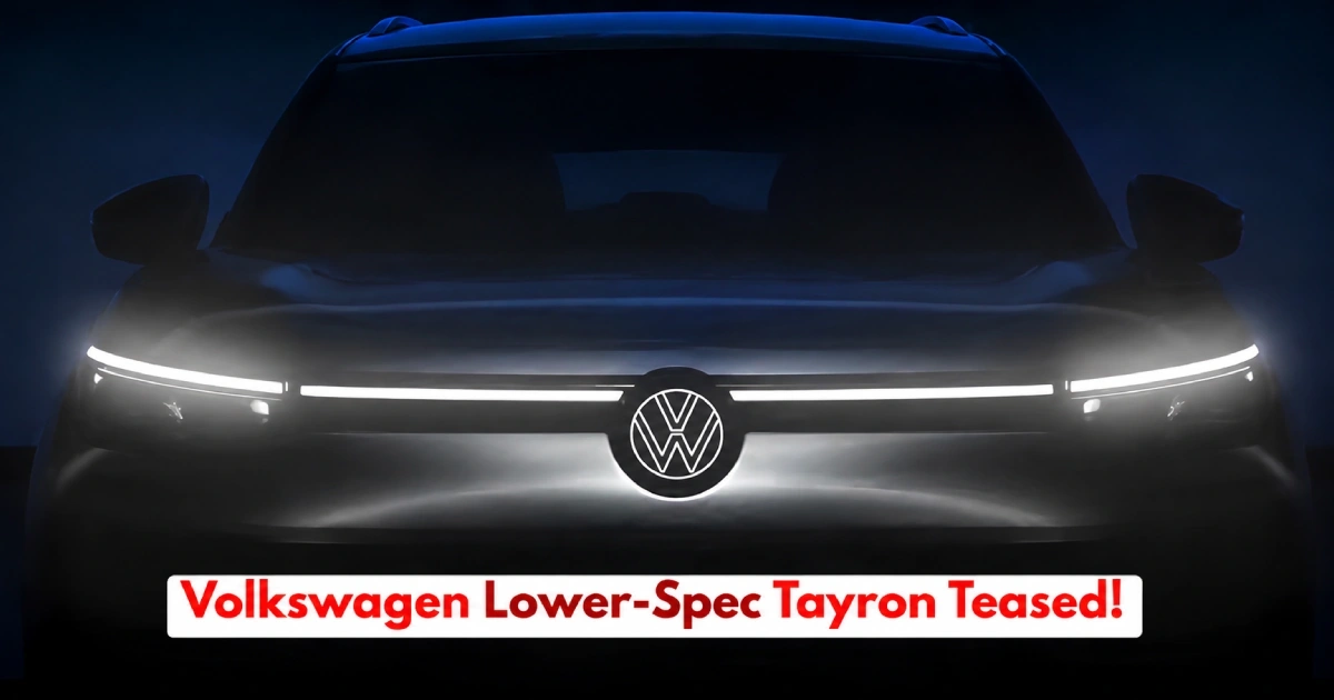 An official teaser banner showing the illuminated front led light bar configuration under the Volkswagen Lower-Spec Tayron Teased editorial report