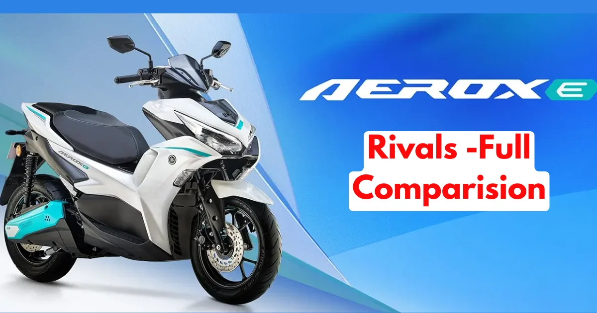 An official launch banner displaying the white sport maxi scooter setup under the Yamaha Aerox-E Electric Rivals comparison sheet