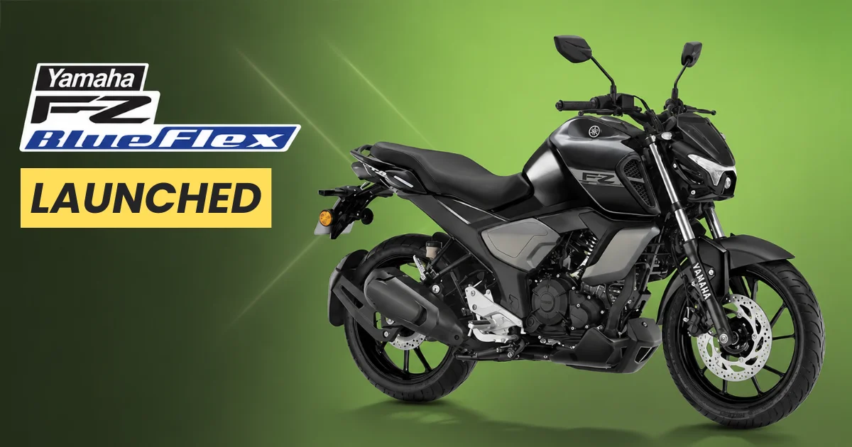 An official launch banner displaying the metallic black commuter bike setup under the Yamaha FZ Blue Flex Launched editorial timeline